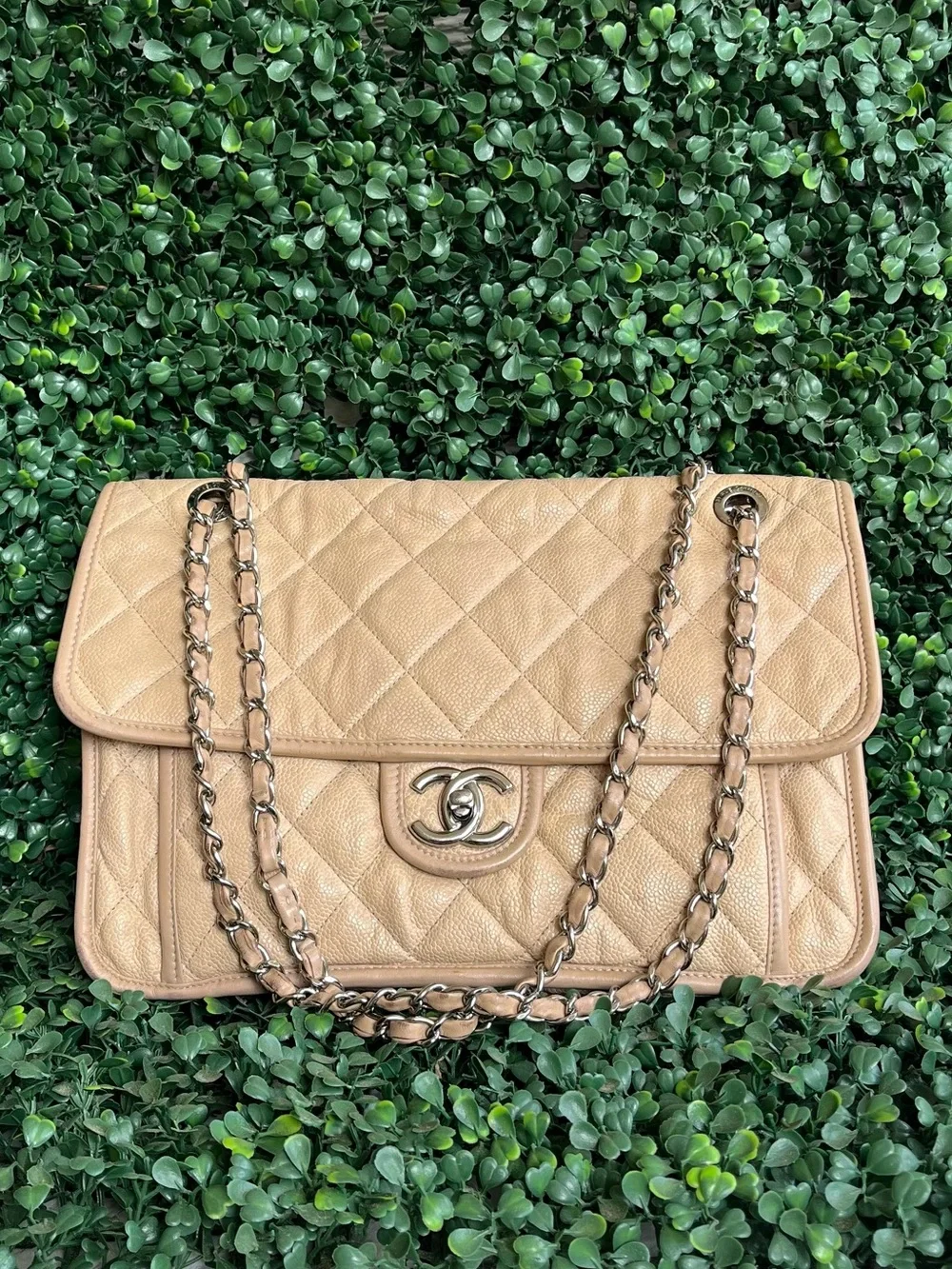 CHANEL Beige Quilted Leather Shoulder Bag with Silver-Tone CC